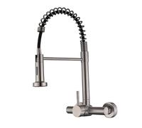 Wall Mounted Kitchen Sink Faucet Single Handle Hot and Cold Water Stainless Steel 2 Modes Swivel Wall Mounted Kitchen Faucets-Brushed