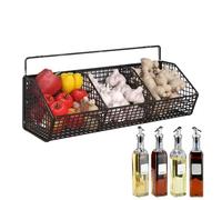 Wall Mounted Kitchen Storage Rack - Non-Drilling Stainless Steel Hanging Basket | Spice Rack & Vegetable Basket 3 Compartments | Space Saving Wall Organizer