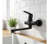 Wall Mounted Kitchen Tap Black Single Lever Swivel Spout