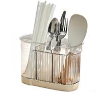 Wall Mounted Kitchen Utensil Holder With Removable Drain Tray For Chopsticks Forks And Spoons In Brown Green Or Beige Plastic Storage Rack(Beige)