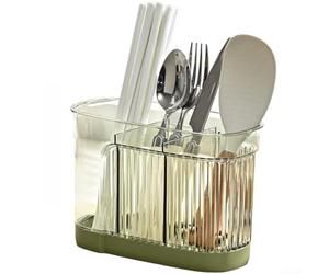Wall Mounted Kitchen Utensil Holder With Removable Drain Tray For Chopsticks Forks And Spoons In Brown Green Or Beige Plastic Storage Rack(Green)