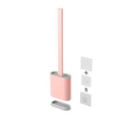 Wall Mounted Long Handle Toilet Brush with Base Household Soft Rubber Toilet Brush Set Multifunctional Toilet Cleaning Brush (Pink)