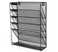 Wall Mounted Magazine Rack Hanging File Document Holder Organiser for Literature Display, A4 Paper, Newspaper, Books - Metal Mesh 6-Tier - Black