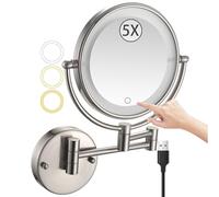 Wall Mounted Makeup Mirror with Touch Dimming 3 Color LED Lights 5X Magnification Dual Sided Rotating Brushed Nickel Finish USB Powered Perfect for Dressing Table.