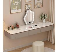 Wall-Mounted Makeup Vanity Table - Fully Assembled Solid Wood Dressing Desk with Rounded Corners, Multi-Functional, Khaki & Oak Sintered Stone Top, 60cm/23.6in