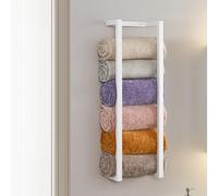 Wall Mounted Metal Bathroom Organizer - Bath Towel Holder for Modern Small Space, White