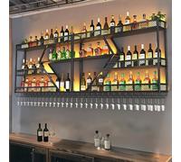 Wall-Mounted Metal Wine Rack with Glass Holder Floating Liquor Shelf LED Light Strip Hanging Iron Storage Shelf for Home Bars & Wine Cellars