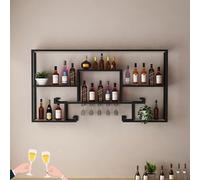 Wall-Mounted Metal Wine Rack with Hanging Glass Holder & LED Light for Liquor Bottles Floating Counter Shelf Home Bar Furniture Black No Light 100 cm