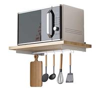 Wall Mounted Microwave Oven Shelf - Space Saving Kitchen Storage Rack for Pots & Pans Wooden Wall Shelf with 6 Hooks Ideal for Home & Cooking Essentials