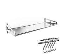 Wall-Mounted Microwave Shelf, Foldable Stainless Steel Storage Rack with 5 Hooks, Space-Saving Organizer for Spices and Utensils