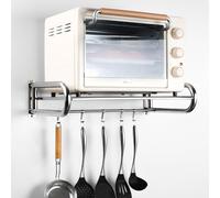 Wall-Mounted Microwave Shelf, Stainless Steel Kitchen Storage Rack with Removable Hooks, Space-Saving Stand for Electric Ovens