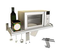 Wall-Mounted Microwave Storage Rack, Multifunctional Kitchen Organizer for Oven, Spices & Dishes, Includes 5 Hooks, Ideal for Kitchen & Bathroom, Space-Saving Shelf