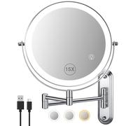 Wall Mounted Mirror with Lights - 15x Magnifing Extended Arm Mirror, 3 Color Lights & 360°Swivel Vanity Mirror, 8.5in Bathroom Mirrors for Wall Mounted - Chrome