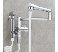 Wall-Mounted Pot Filler Faucet, Foldable Rotating Brass Kitchen Sink Tap with Spray, Single Handle 1-Hole Cold Water, Dual Function Spout for Home Use
