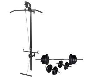 Wall-mounted Power Tower with Barbell and Dumbbell Set Gym Power Rack vidaXL