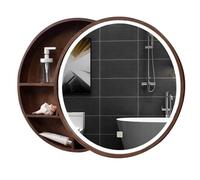 Wall Mounted Round Bathroom Mirror Cabinet with LED Light Strip Solid Wood Storage Cabinet 50cm (20 inches) Stylish Brown Finish Ideal for Small Spaces