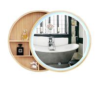 Wall Mounted Round Bathroom Mirror Cabinet with LED Light Strip Solid Wood Storage Unit 50cm (20in) Stylish Vanity Mirror for Home Decor and nization