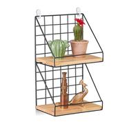 Relaxdays Wall Mounted Shelf, Industrial, 2 Tiers, Decorative Grid, Metal & Wood Look, HWD: 41 x 25 x 16 cm, Black/Brown, 80% iron 20% fibreboard