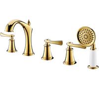 Wall-Mounted Shower Faucet Set SystemBathtub Faucet Titanium Gold Bath Tap 5 Holes Tub Mixer Tap with Handheld Shower Set Tub Filler Hot and Cold Water Tub,A