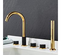 Wall-Mounted Shower Faucet SetShower Head Set 5 Hole Bath Tap Set Black+Gold Bath Tub Mixer Tap with Shower 360 Tap Swivel Head Bathroom Taps Mixer Double,Black+Gold-B