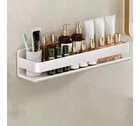 Wall-Mounted Shower Shelf for Bathroom - No Drill Storage with Adhesive Hooks for Sponges & Razors - White 40cm - Shampoo & Accessory Holder