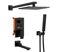 Wall Mounted Shower System Digital LED Display Black Rainfall Mixer Set Square Showerhead 10 12" for Bathroom Complete Rain Shower Faucet Kit LWX