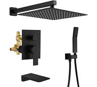 Wall Mounted Shower System, with Waterfall Tub Spout and Handheld Shower Head, 12" Rain Brass Shower Faucet Set Complete for Bathroom Rough-in Valve Body and Trim Included,Matte Bl