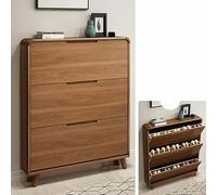 Wall Mounted Slim Wooden Shoe Rack with Angled Cube 3 Folding Drawers & Adjustable Shelves Stylish Entryway for Bedroom (White Walnut 99 x 18 cm)