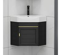 Wall Mounted Small Corner Bathroom Vanity Cabinet with Sink - Ceramic Utility Washing Hand Basin and Storage - Hot and Cold Faucet Combo