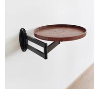 Wall-Mounted Small Desk Table Round 11.8in Coffee Bedside Folding Down Table 180° Detachable Flip-Out Design with Retractable Shelf for Bedroom Bathroom Living Room Floating Side Table(Walnu
