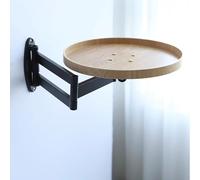 Wall-Mounted Small Desk Table Round 11.8in Coffee Bedside Folding Down Table 180° Detachable Flip-Out Design with Retractable Shelf for Bedroom Bathroom Living Room Floating Side Table(Natur