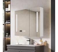 Wall Mounted Smart Medicine Cabinet with Three-color lighting,LED Mirror Medicine Cabinet with Defogger,LED Vanity Mirror Cabinet with Time temperature Display,with Mirror Door and Hide Shelves,Paper