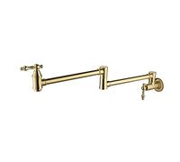 Wall-Mounted Solid Brass Kitchen Faucet with Double Joint Swivel Arm Foldable Design 2 Handle Brushed Gold Finish - Perfect for Pot Filling and Sink Use
