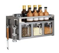 Wall Mounted Spice Box with Hooks, Kitchen Seasoning Jar, Pantry Organizer with Spoons, 4 Grids for Countertop Storage, Household Container Shelf