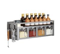 Wall Mounted Spice Box with Hooks, Kitchen Seasoning Jar, Pantry Organizer with Spoons, 4 Grids for Countertop Storage, Household Container Shelf