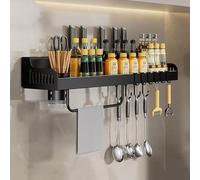 Wall Mounted Spice Rack - 50cm Black Seasoning Shelf with Knife Slot 6 Hooks & Mug Holder - Ideal Kitchen Storage Solution for Herbs & Spices