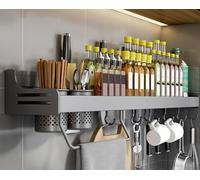 Wall-Mounted Spice Rack 80cm Hanging with Hooks & Towel Holder No Drill Installation Kitchen Cabinet Spice Storage Grey Spice Holder for Easy Access