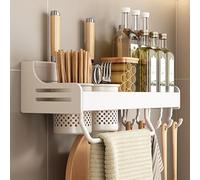 Wall-Mounted Spice Rack No Drill Hanging Spice Storage with Hooks & Towel Holder Kitchen Cabinet Spice White 40cm - Perfect for Easy Access and Space Saving.