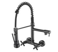 Wall Mounted Spring Kitchen Sink Mixer Tap, Brass, Dual Mode (Black) | Ceramic disc cartridge, anti-splash aerator, two spray patterns, quick-fit tails, easy DIY fit, multi-finish