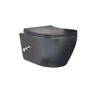 Wall-Mounted Toilet Black Matt Rimless with Taharet Hot/Cold Water and Toilet Lid with Soft-Close Mechanism, Toilet Washdown with Bidet Function Made of Sanitary Ceramics