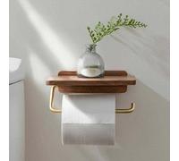 Wall-Mounted Toilet Paper Holder With Wood Stand, No-Screw Installation, Includes Phone Shelf For Bathroom Tissue Storage