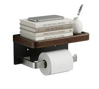 Wall Mounted Toilet Roll Holder with Shelf, No-Drill Self Adhesive or Screw Installation, Black Aluminium with Faux Walnut Wood Grain Top, Bathroom Tissue Roll Dispenser