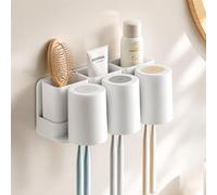 Wall Mounted Toothbrush Holder with 3 Cups, Removable Storage Compartments, No Drill Adhesive Bathroom Organizer for Toothbrushes, Toothpaste & Cosmetics, Family Hygiene Rack