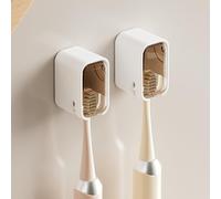 Wall Mounted Toothbrush Holders for Bathroom, 2 Pcs Strong Self Adhesive Tooth Brush Holder with Cover, Toothbrush Heads Organizer for Family, Brown
