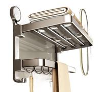 Wall-mounted towel rack,towel rack, Bathroom Towel Holder, 2 Tier Towel Bar with Shelf 90° Foldable, Suction cup Towel Rail Wall Mounted Towel Rack, with Hooks, Storage Organizer(50x23x19cm)