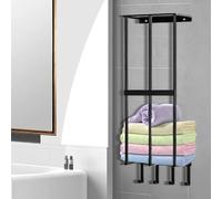 Wall Mounted Towel Storage Rack, Black Bathroom Towel Holder with Shelf, Towel Racks for Bathroom, Space-Saving Organizer, for Garage Yoga Mat Home Gym Accessories Organizer, Easy to Install(4 Hooks)
