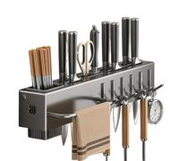 Wall Mounted Utensils Organizer - Kitchen Storage Rail Hooks 30x7x5.8cm, Steel ABS Compact Holder | Drill Free Hanging System for Cups Towels Cutlery Spoon Spatula Kitchen Organization Space Saver