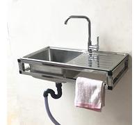 Wall Mounted Utility Sink Single Bowl Kitchen Sink Stainless Steel Outdoor Sink Commercial Workbench Restaurant Washing Sink with Drainboard, Faucet,Storage Shelf,for Indoor Laundry Room,Backyard (On