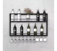 Wall Mounted Wine Rack, 2-Tier Wooden Shelf with Glass Holder, Floating Storage Display Rack for Bar, Dining Room, Living Room, Kitchen