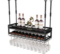 Wall-Mounted Wine Rack - Double-Layer Vintage Style Glass Holder Iron Hanging Glass Storage for Kitchen Bar Pub - Elegant Ceiling Décor Sturdy Stemware